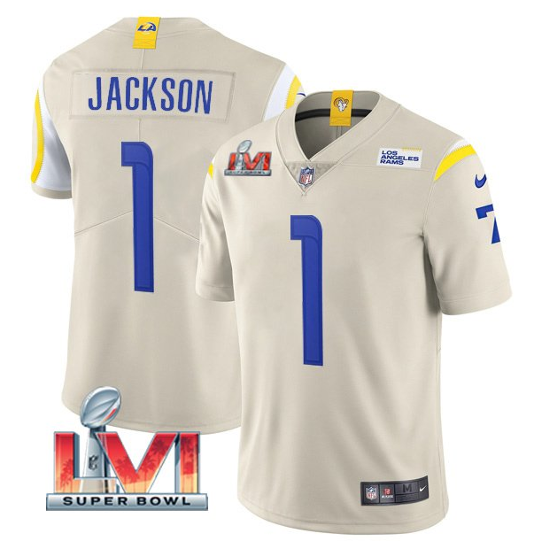 Men's Los Angeles Rams #1 DeSean Jackson 2022 Bone Super Bowl LVI Vapor Limited Stitched Jersey Men's Los Angeles Rams #1 DeSean Jackson 2022 Bone Super Bowl LVI Vapor Limited Stitched Jersey